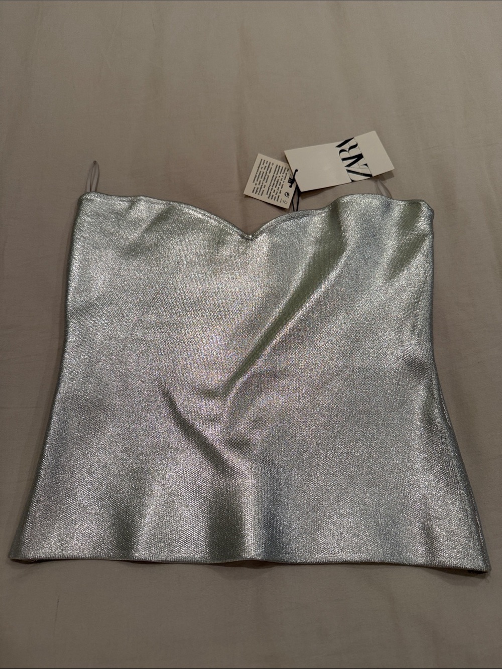 Zara Metallic Silver Strapless Bustier Top